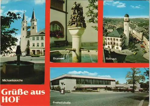 Hof (Saale) Mehrbild-AK mit Freiheitshalle, Kirche, Brunnen, Rathaus 1980