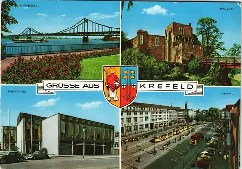 Krefeld Crefeld Mehrbild-AK mit Rhein-Brücke, Stadt-Theater, Burg, Ostwall 1984