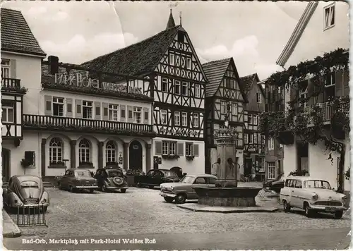 Ansichtskarte Bad Orb Autos VW Käfer vor Park-Hotel Weißes Roß 1960