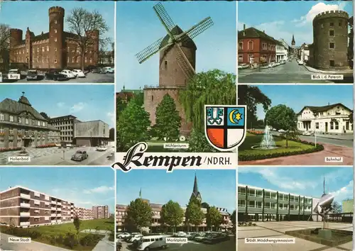 Kempen Mehrbild-AK mit Burg, Hallenbad, Mädchen-Gymnasium, Bahnhof 1975