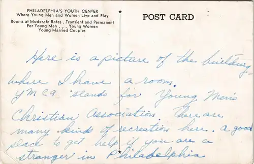 Postcard Philadelphia CENTRAL YMCA ARCH STREET 1940