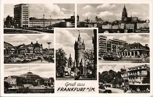 Frankfurt Main Mehrbild-AK mit Hauptbahnhof, Festhalle, Zoo, Hauptwache 1953