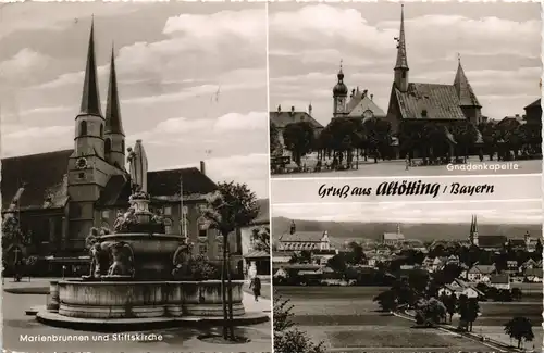 Altötting Mehrbild-AK Gnadenkapelle, Marienbrunnen, Stiftskirche, Panorama 1960