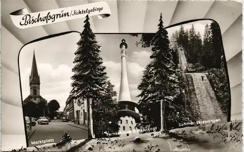 Bischofsgrün Mehrbild-AK Marktplatz, Fernsehturm Ochsenkopf, Skispringen 1972