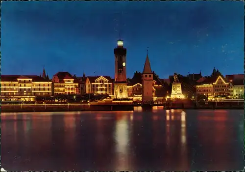 Ansichtskarte Lindau (Bodensee) Hafen mit Hafenbeleuchtung am Abend 1967