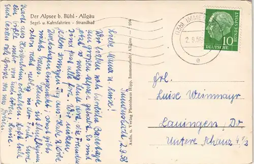 Ansichtskarte Immenstadt (Allgäu) Alpsee Segelfahrt Segler Segelschiff 1958