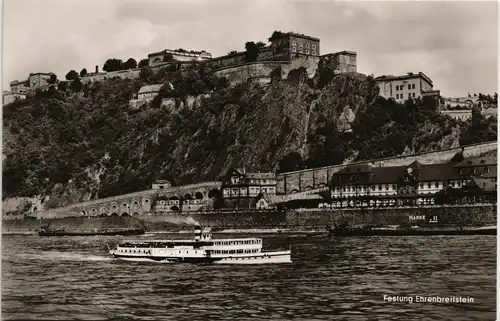 Ansichtskarte Koblenz Rhein Schiff passiert Festung Ehrenbreitstein 1960