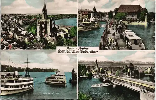 Konstanz Mehrbildkarte 4 Fotos mit Hafen, Stadt- u. Brückenansicht 1960