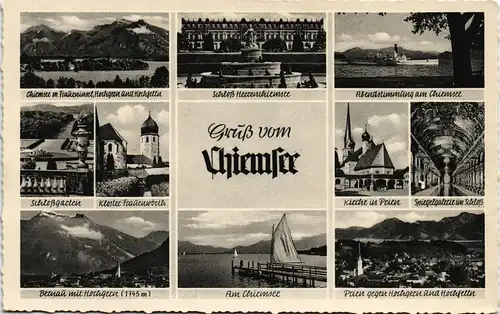 Chiemsee Mehrbild-AK mit Chiemsee-Ansichten, Schloss, Kirche Prien uvm. 1957