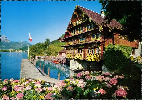 Ansichtskarte Treib-Seelisberg Treibhaus mit Brunnen und grosser Mythen 1980