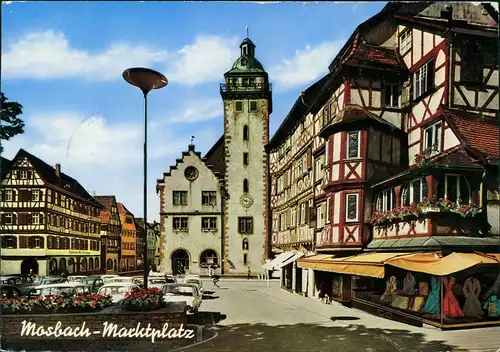 Mosbach (Baden) Rathaus am Marktplatz, Bekleidungs-Geschäft, Autos 1966