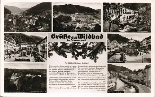 Bad Wildbad Mehrbild-AK Ortsansichten und O Schwarzwald O Heimat Lied-Text 1954