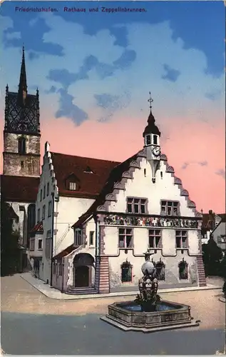 Ansichtskarte Friedrichshafen Rathaus und Zeppelinbrunnen. 1913
