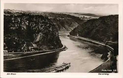 Sankt Goar Rheintal an der Loreley Rhein Dampfer Schiff am Felsen 1950