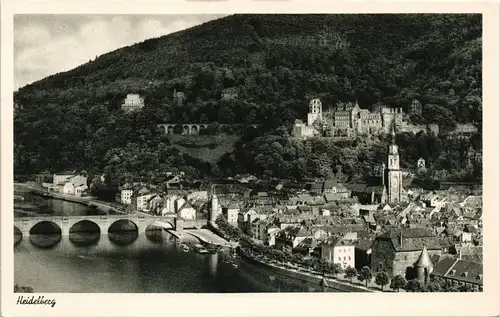 Heidelberg Panorama-Ansicht Neckar, Brücke, Stadt & Schloss 1950