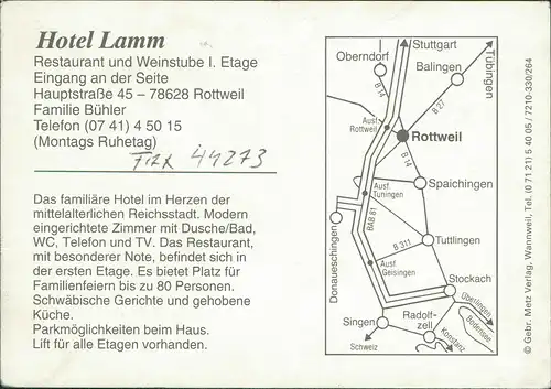 Rottweil Neckar Reklamekarte Hotel Lamm, Restaurant Weinstube Hauptstraße  1970