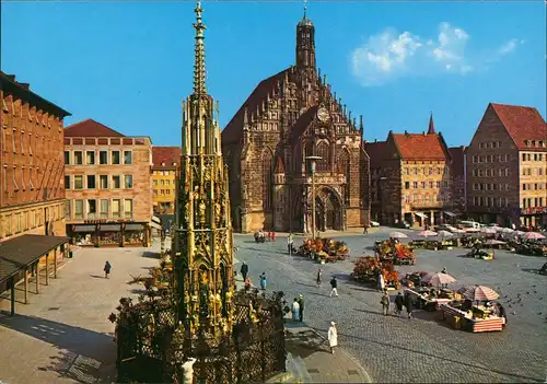Ansichtskarte Nürnberg Hauptmarkt, Schöner Brunnen und Frauenkirche 1987