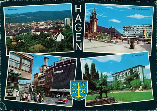 Hagen (Westfalen) Mehrbildkarte mit Hauptbahnhof, Panorama, City, Volkspark 1975