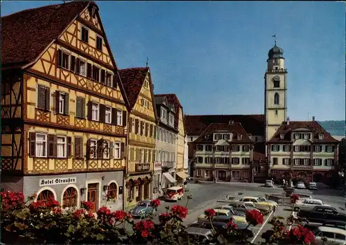 Ansichtskarte Bad Mergentheim Marktplatz, Fachwerkhäuser, Autos 1970