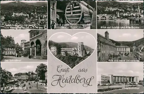 Heidelberg Mehrbildkarte mit 8 Foto- Bismarckplatz, Bahnhof uvm. 1956