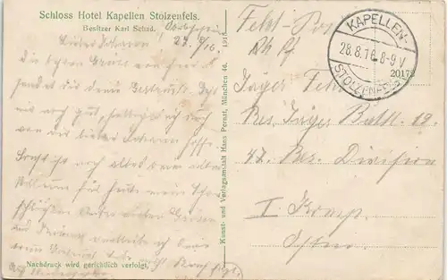 Stolzenfels-Koblenz Schloß Stolzenfels gel. Feldpost Kapellen 1916 Pernat-Karte: