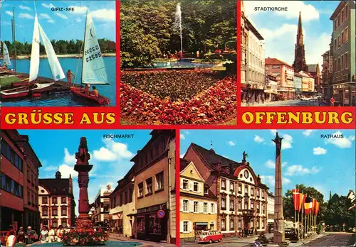 Offenburg Mehrbild-AK mit See, Stadt-Kirche, Fischmarkt, Rathaus 1970