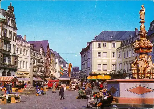 Ansichtskarte Trier Hauptmarkt mit Marktkreuz und Petrusbrunnen 1990