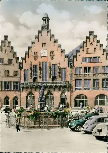 Frankfurt am Main Römer mit Gerechtigkeitsbrunnen u. Autos VW Käfer 1956