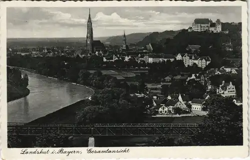 Ansichtskarte Landshut Totale, Brücke - gel. Bahnpost 1936