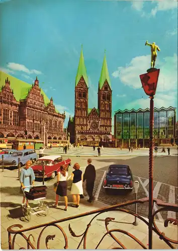 Ansichtskarte Bremen Marktplatz, Personen, Frau mit Kinderwagen, Autos 1973