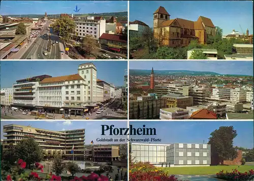 Pforzheim Mehrbild-AK mit Leopoldplatz, Marktplatz, Bahnhofsplatz uvm. 1987