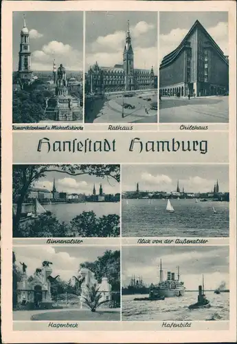 Hamburg Mehrbildkarte mit Chile-Haus, Alster, Rathaus, Hagenbeck uvm. 1950