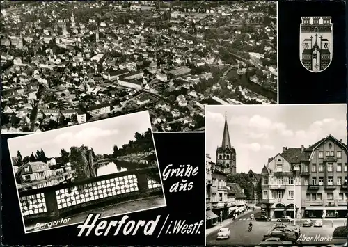 Herford Mehrbildkarte mit Bergertor, Alter Markt und Luftbild 1965