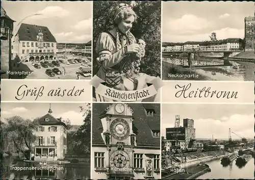 Heilbronn Mehrbild-AK mit Käthchen, Neckar Partie, Marktplatz, Hafen uvm. 1960