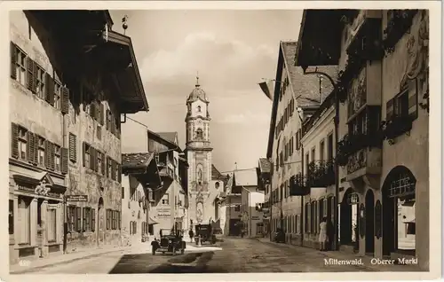 Ansichtskarte Mittenwald Oberer Markt Obermarkt, Autos, Geschäfte 1930