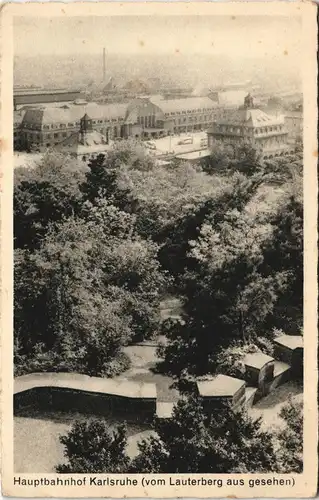 Ansichtskarte Karlsruhe Hauptbahnhof vom Lauterberg aus gesehen 1932