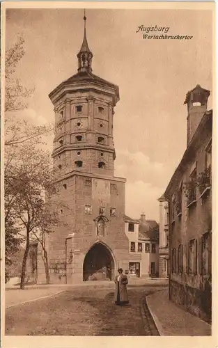 Ansichtskarte Augsburg Straßenpartie, Frau - Wertachbruckertor 1923