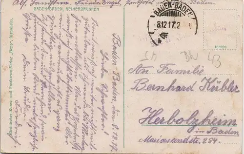 Ansichtskarte Baden-Baden Reiherbrunnen, Buchbinderei Fritz Nagel 1917