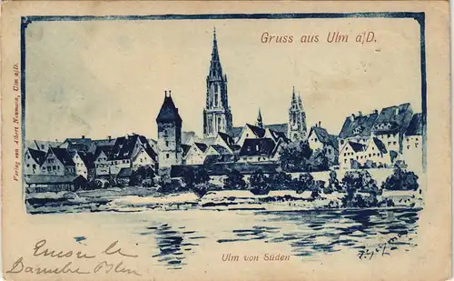 Ansichtskarte Ulm a. d. Donau Stadt von Süden Blaudruck- Künstlerkarte 1900