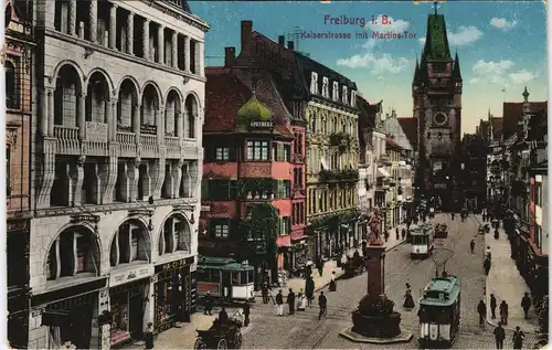 Freiburg im Breisgau Kaiserstrasse mit Martins-Tor, Tram Verkehr, Geschäfte 1920