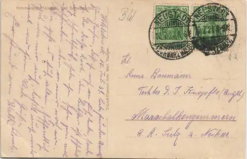 Ansichtskarte Hinterzarten Himmelreich Höllental, bad. Schwarzwald 1921   gelaufen mit Stempel Neustadt Schwarzwald