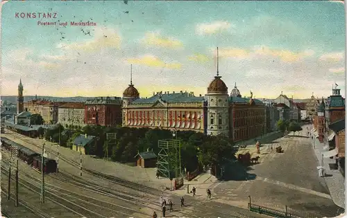Ansichtskarte Konstanz Postamt und Marktstätte Panorama-Ansicht 1914/1907