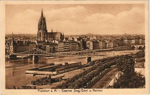 Frankfurt am Main Panorama-Ansicht Stadt Ansicht mit Eiserner Steg Main Brücke 1920