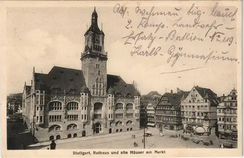 Ansichtskarte Stuttgart Rathaus und alte Häuser am Markt 1915   Feldpost gel