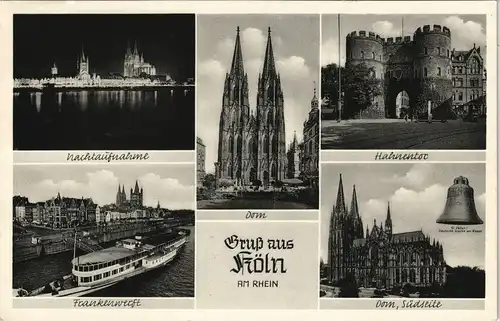Köln Mehrbild-AK mit Hahnentor, Nachtaufnahme, Frankenwerft, Dom 1955