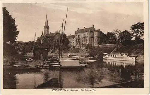 Ansichtskarte Emmerich (Rhein) Hafen Partie Bootshafen 1920