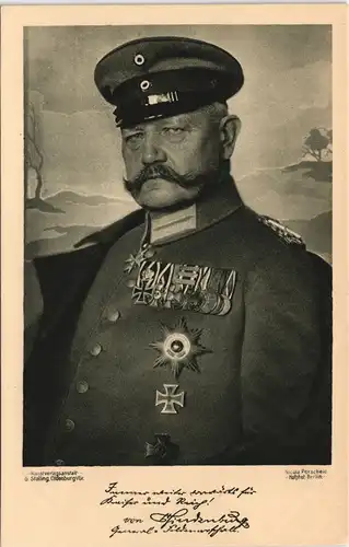 Ansichtskarte  Generalfeldmarschall Hindenburg Porträt & Widmungstext 1915