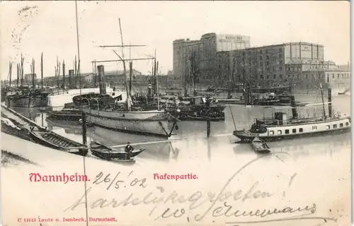 Ansichtskarte Mannheim Hafen Partie, Schiffe und Lagergebäude 1902