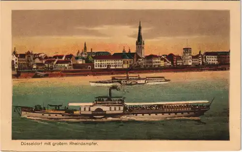Ansichtskarte Düsseldorf Panorama-Ansicht mit Rhein Dampfer Schiffen 1920