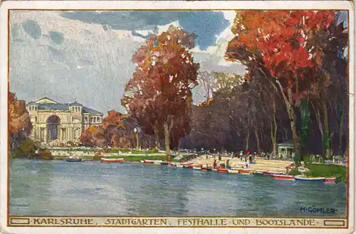 Karlsruhe Künstlerkarte STADTGARTEN, FESTHALLE UND BOOTSLÄNDE 1910